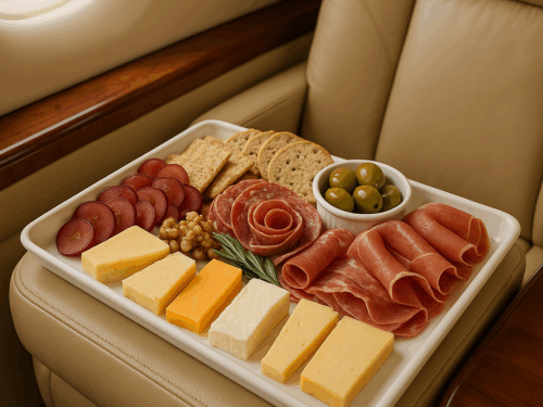 Premium charcuterie board with gourmet meats, cheeses, and olives displayed