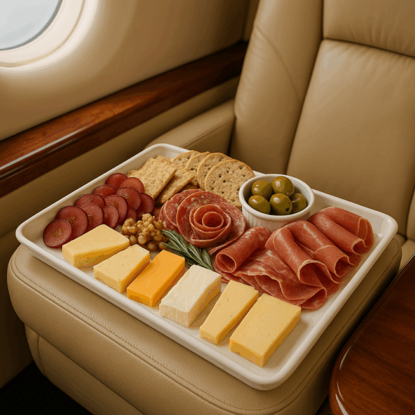 Premium charcuterie board with gourmet meats, cheeses, and olives displayed